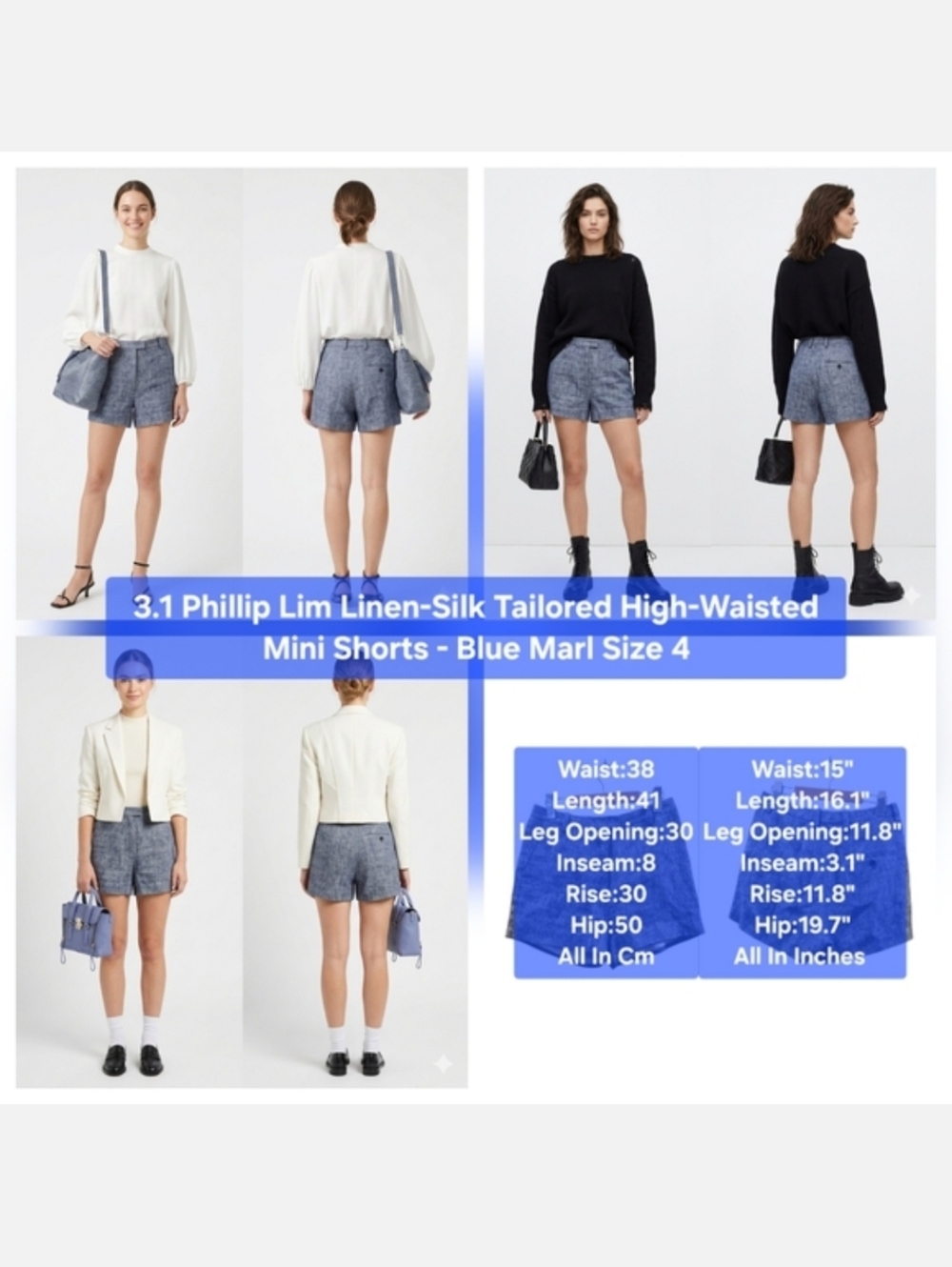 3.1 Phillip Lim Linen-Silk High-Rise Tailored Shorts Blue Marl Size 4 (Fits 6/8)